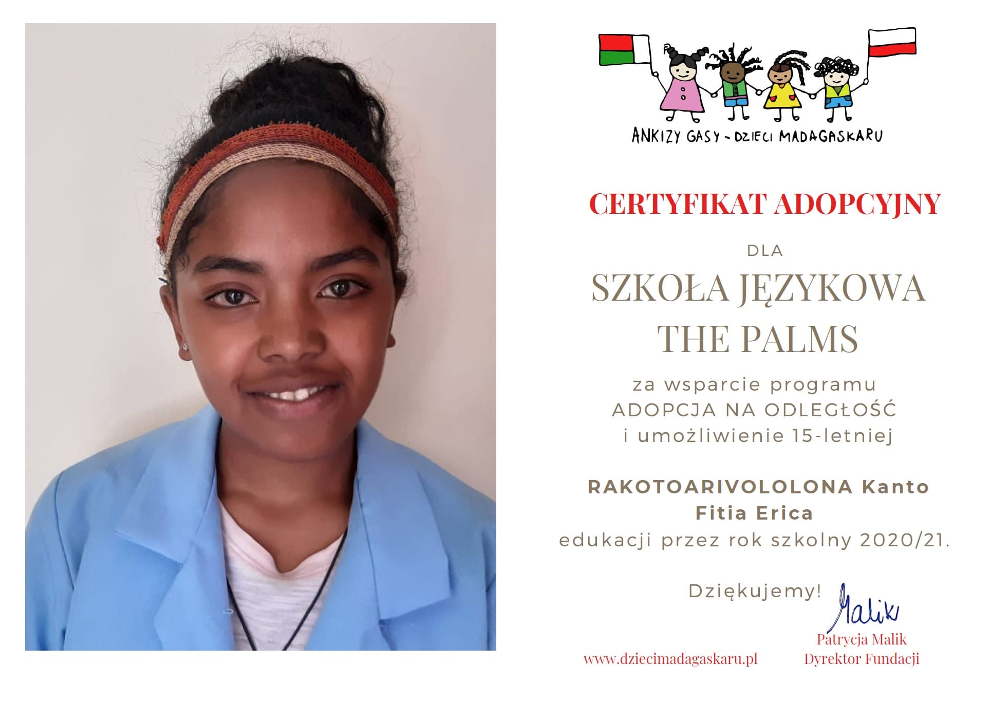 Certyfikat adopcyjny dla szkoły The Palms